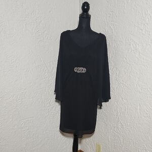 Black Chiffon Overlay Butterfly Sleeve Jeweled Midi Dress